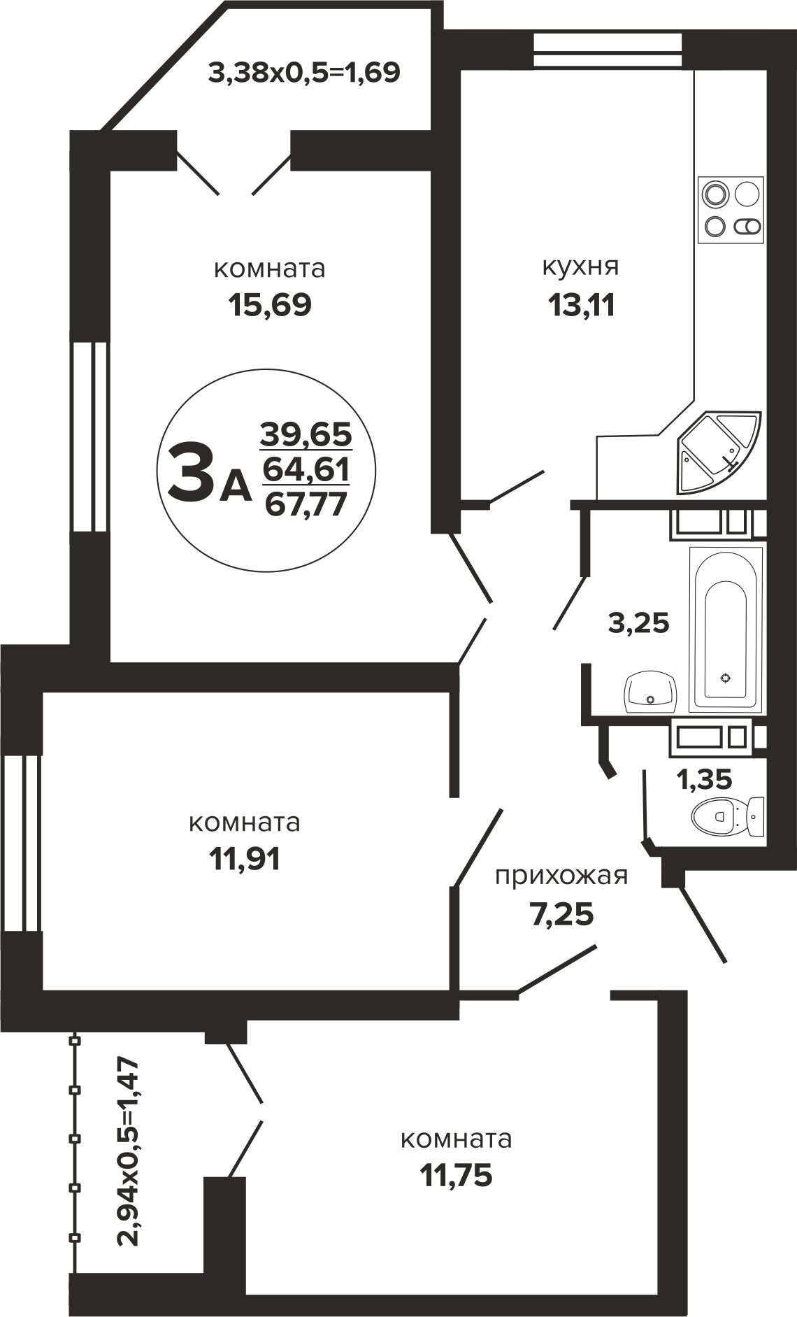 Планировка: 3-комн. квартира 69 м²