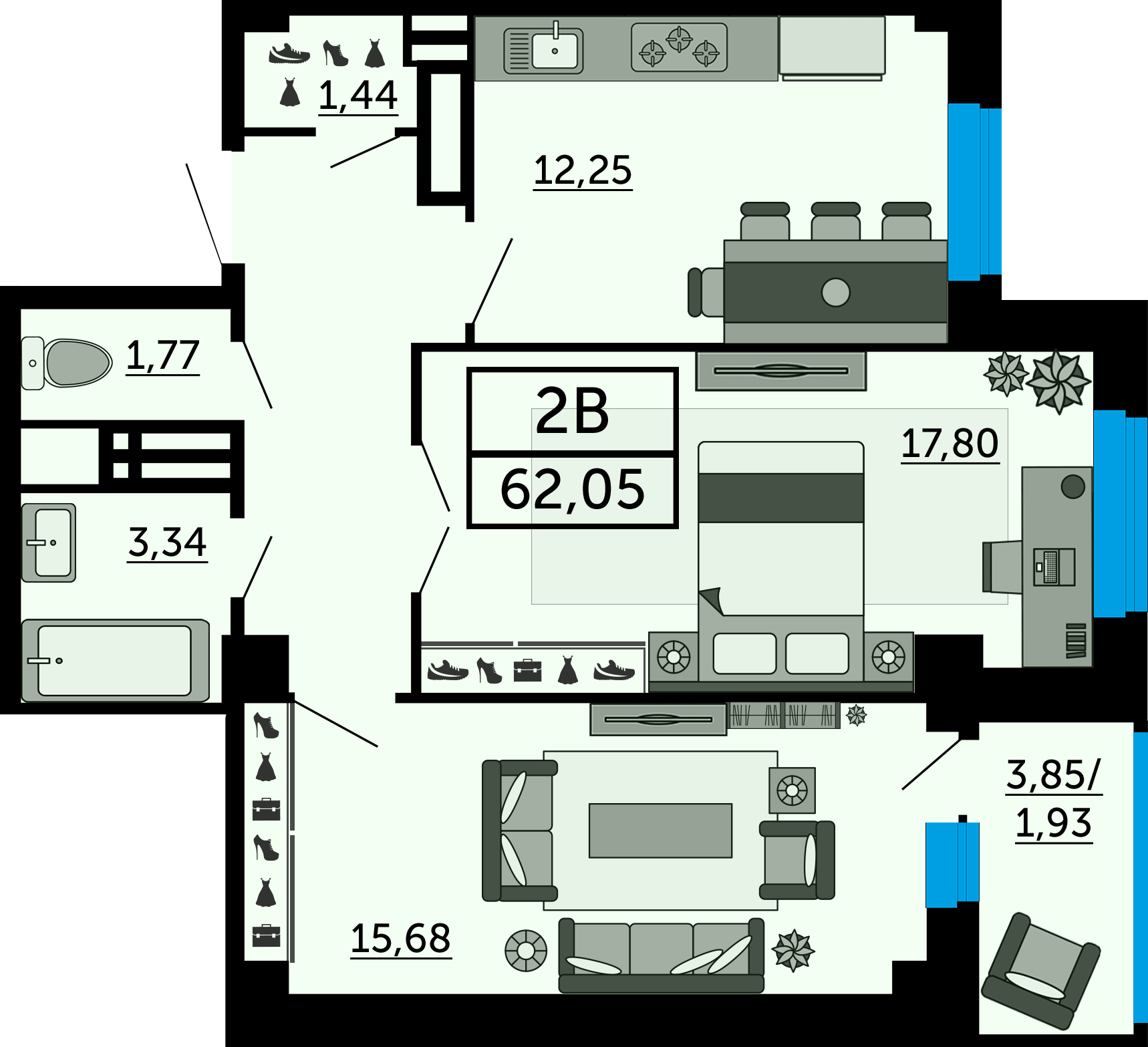 Планировка 2-комнатная 62,4 м²