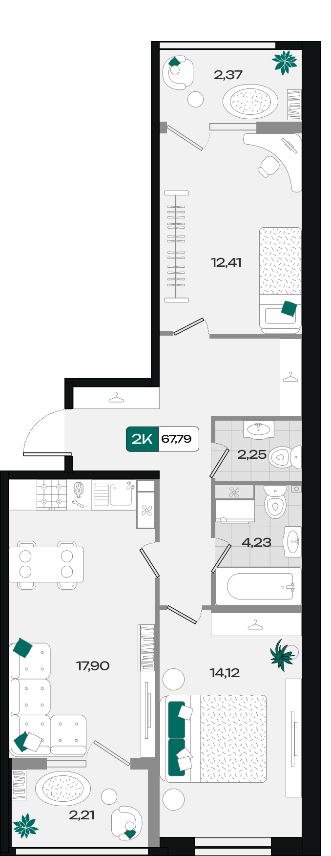 Планировка: 2-комн. квартира 67,8 м²