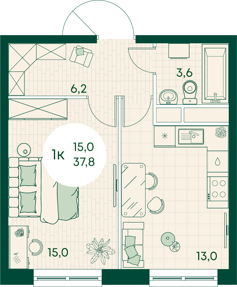 Планировка: 1-комн. квартира 37,8 м²