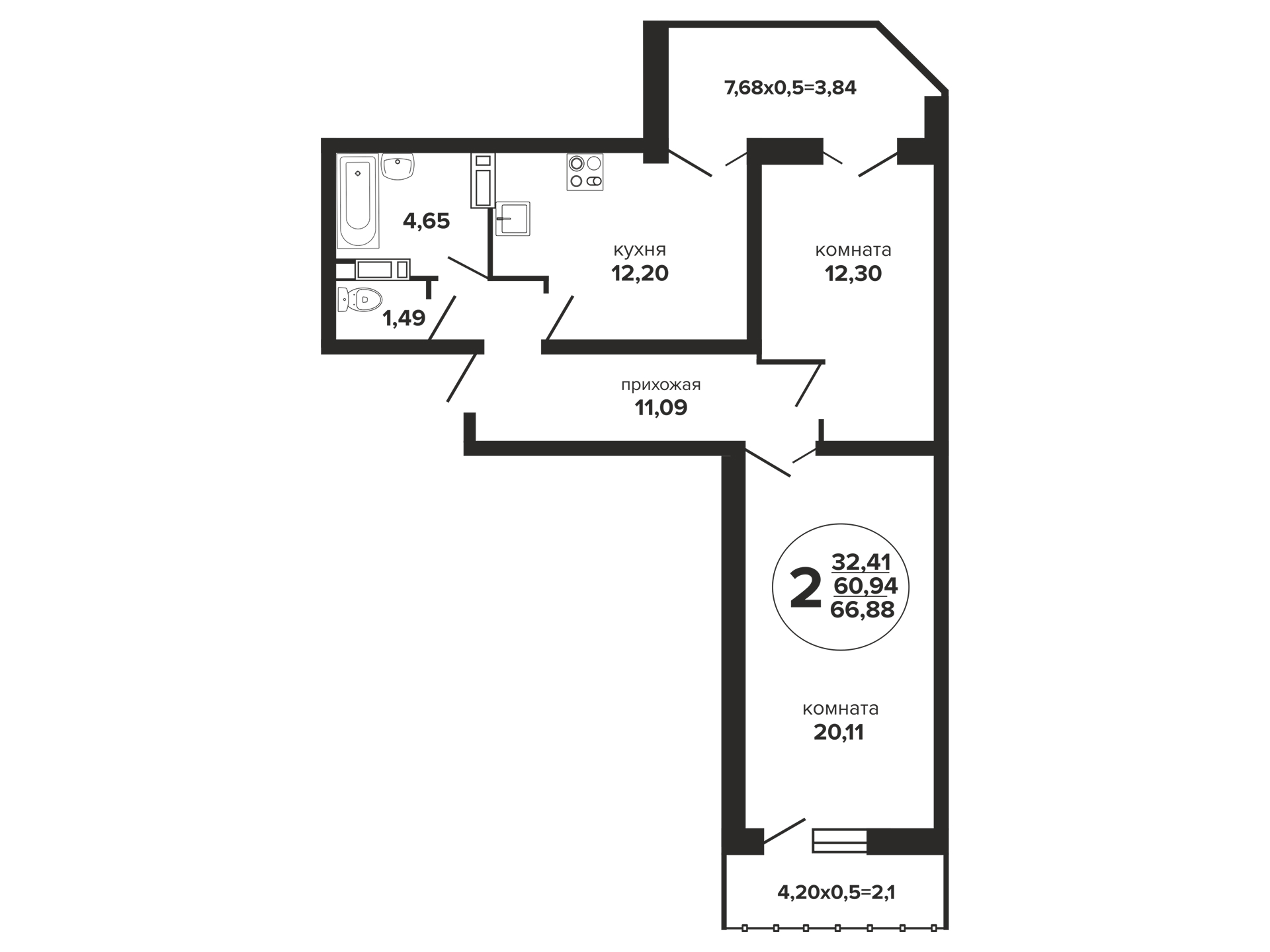 Планировка 2-комнатная 67,4 м²