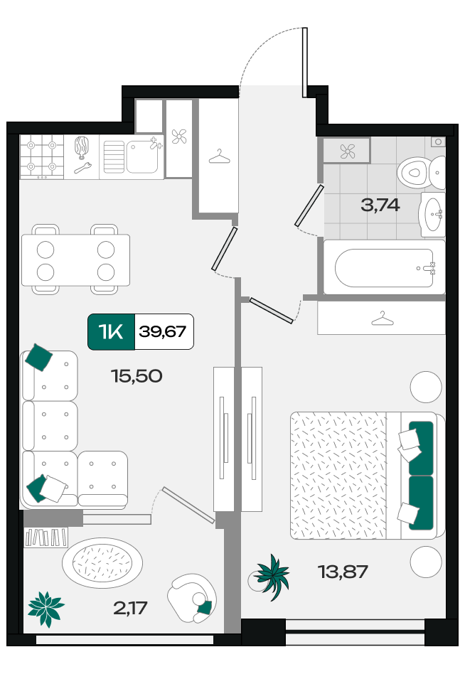 Планировка: 1-комн. квартира 39,7 м²