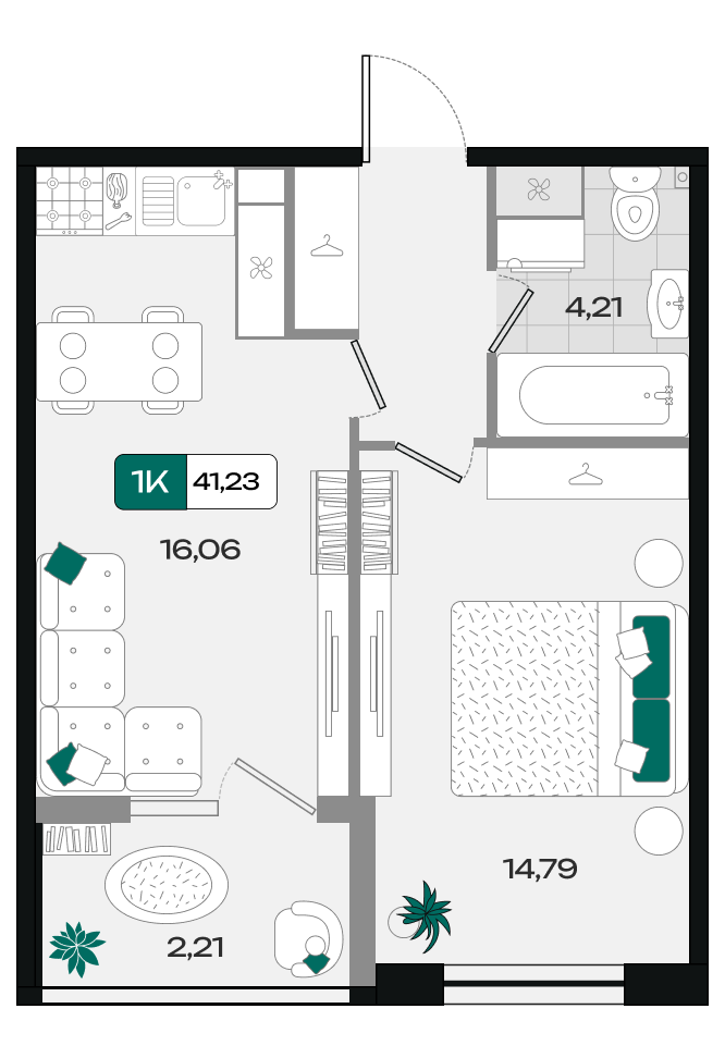 Планировка: 1-комн. квартира 41,2 м²