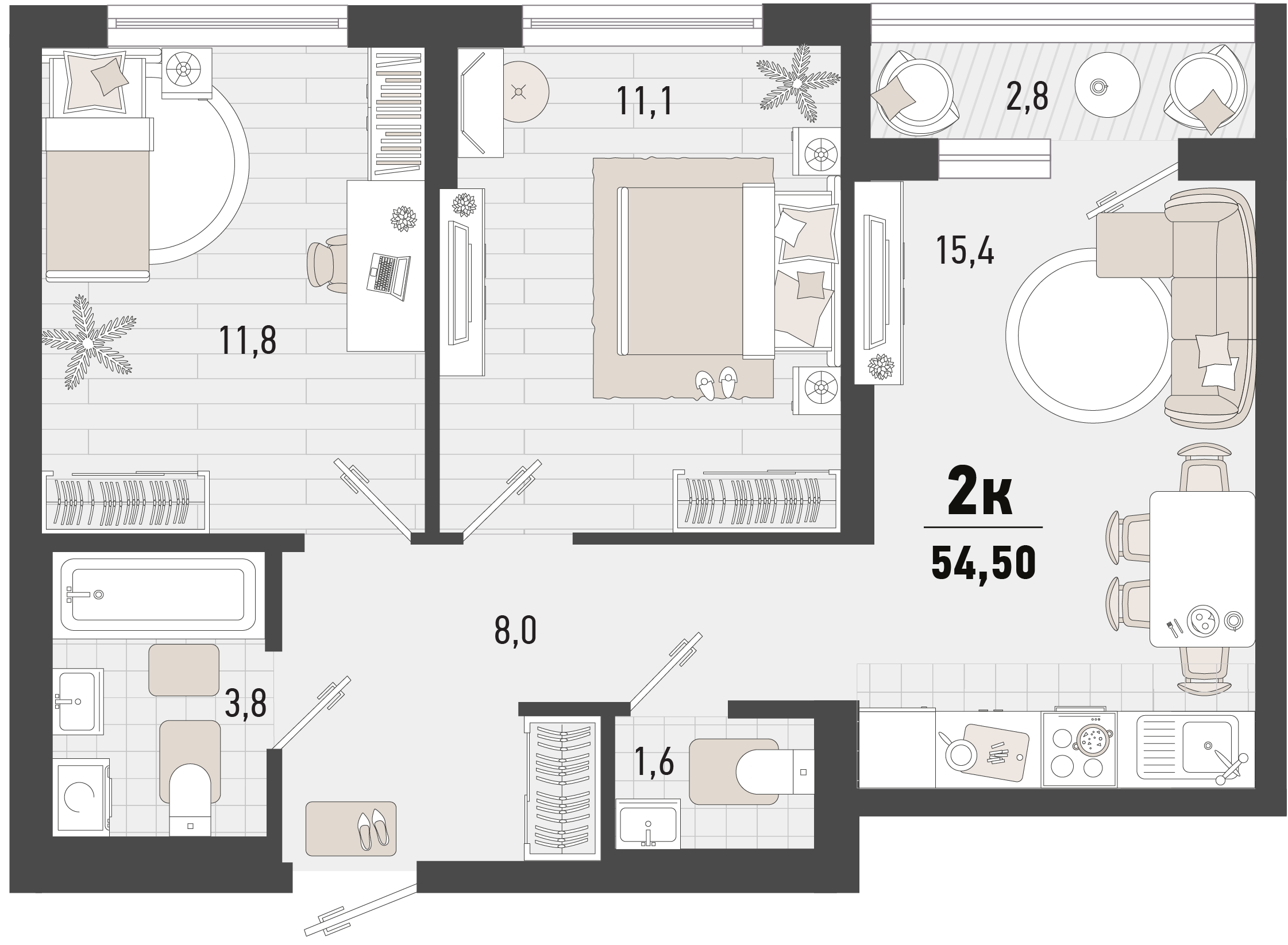 Планировка 2-комнатная 54,5 м²