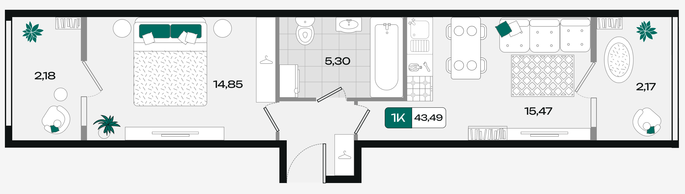 Планировка: 1-комн. квартира 43,5 м²