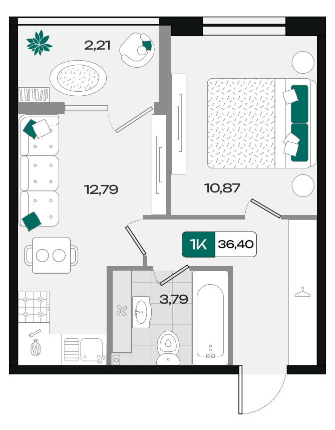 Планировка: 1-комн. квартира 36,4 м²