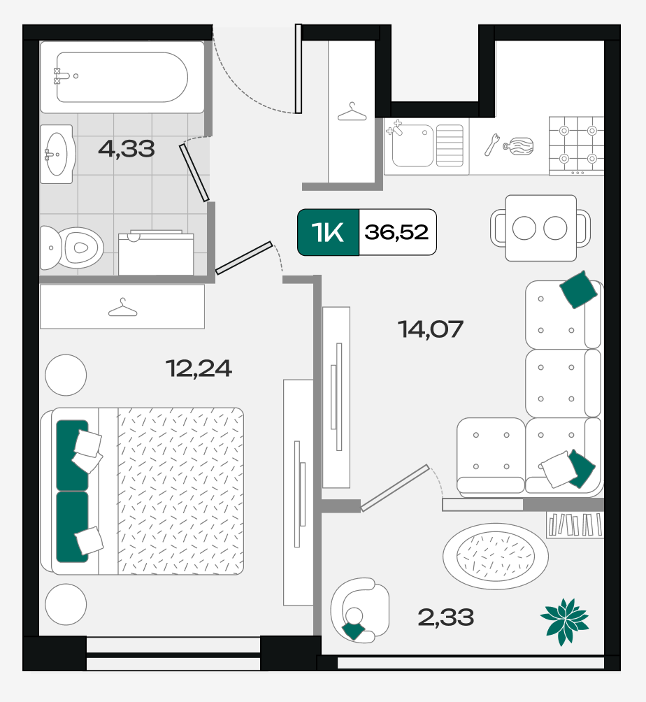 Планировка: 1-комн. квартира 36,5 м²