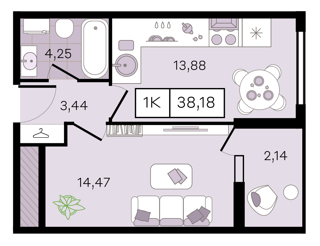 Планировка: 1-комн. квартира 38,2 м²