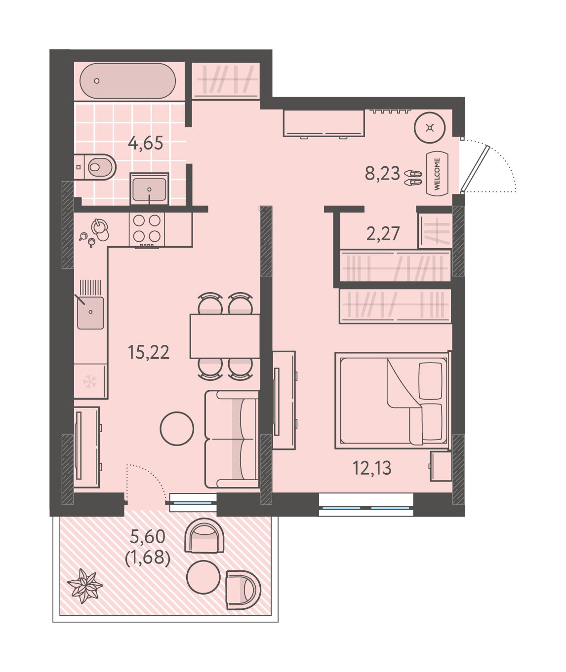 Планировка: 1-комн. квартира 44,2 м²