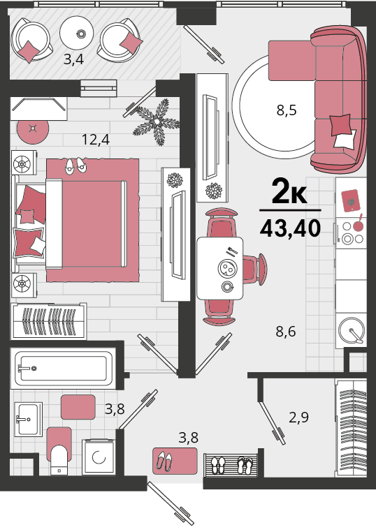 Планировка 2-комнатная 42,6 м²