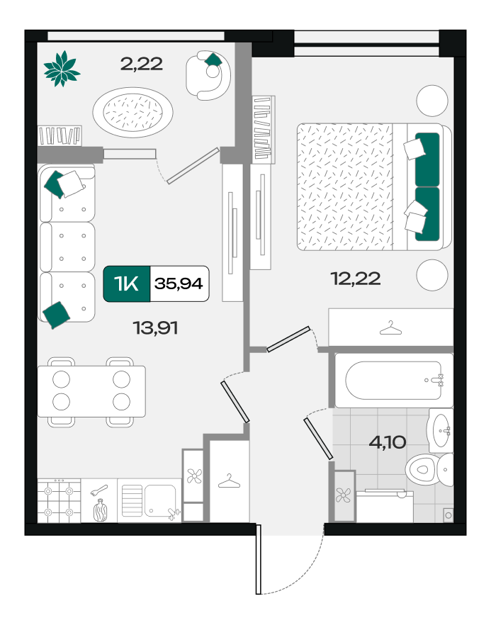 Планировка: 1-комн. квартира 35,9 м²