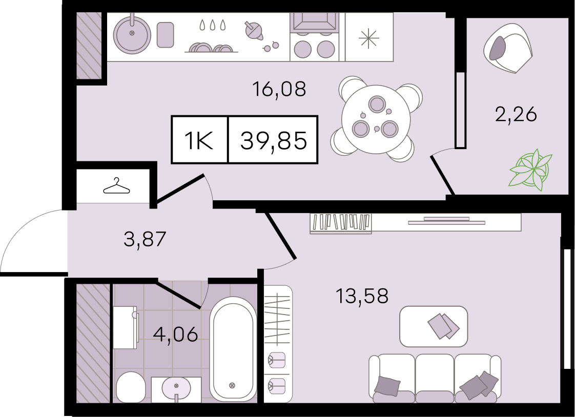 Планировка: 1-комн. квартира 39,9 м²
