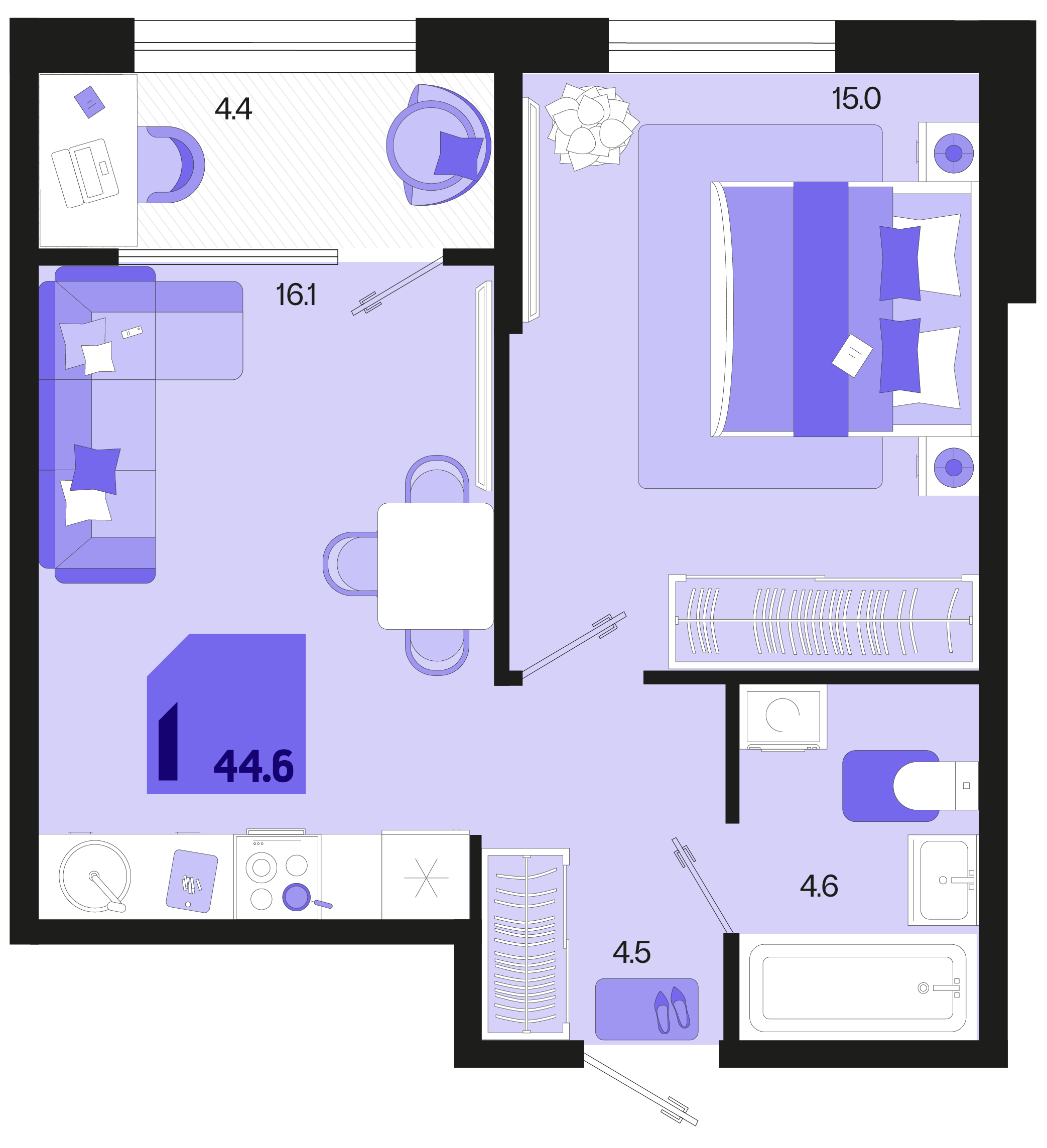 Планировка 1-комнатная 44,6 м²