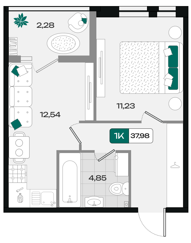 Планировка: 1-комн. квартира 38 м²