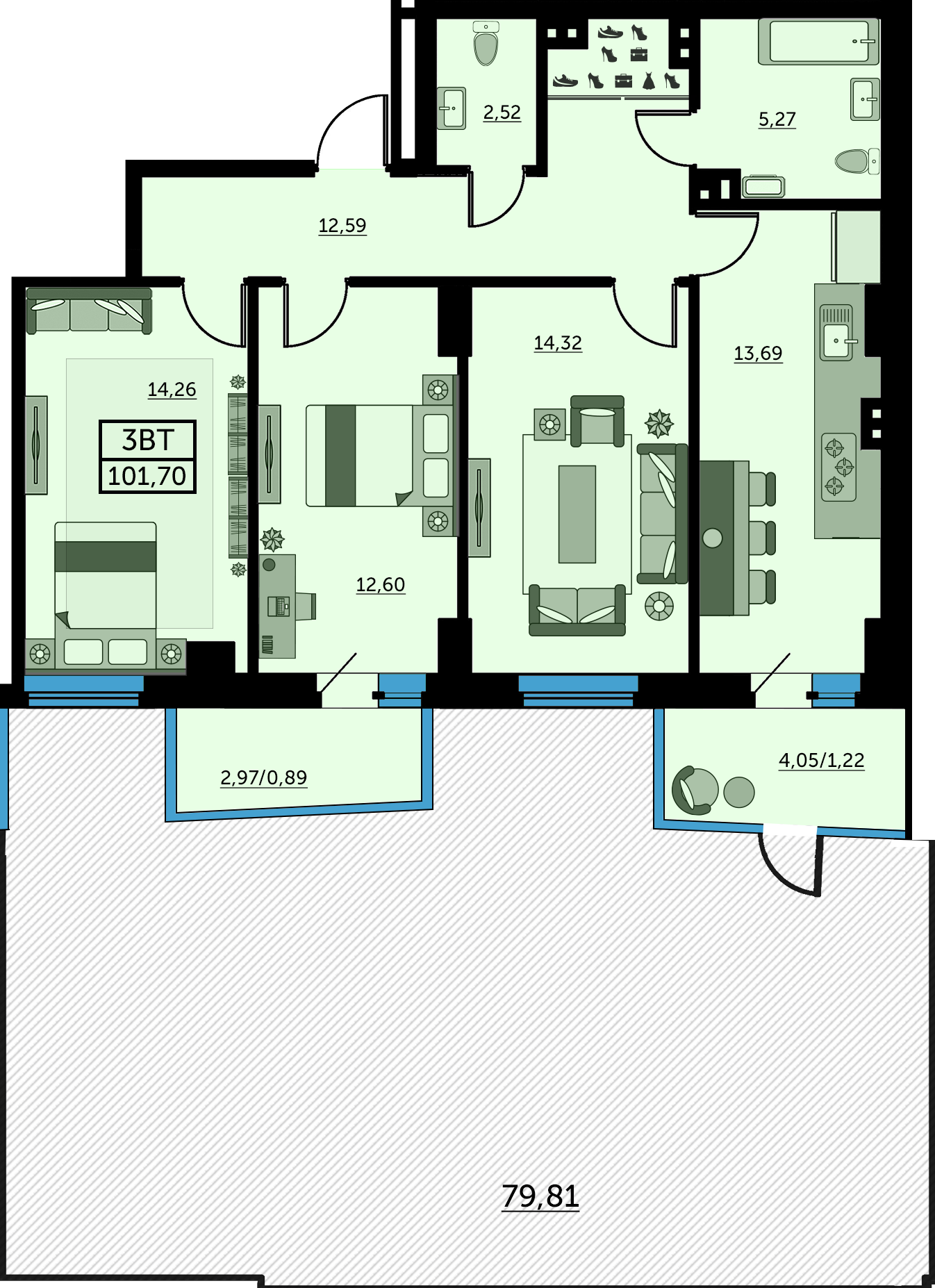 Планировка 3-комнатная 102,3 м²