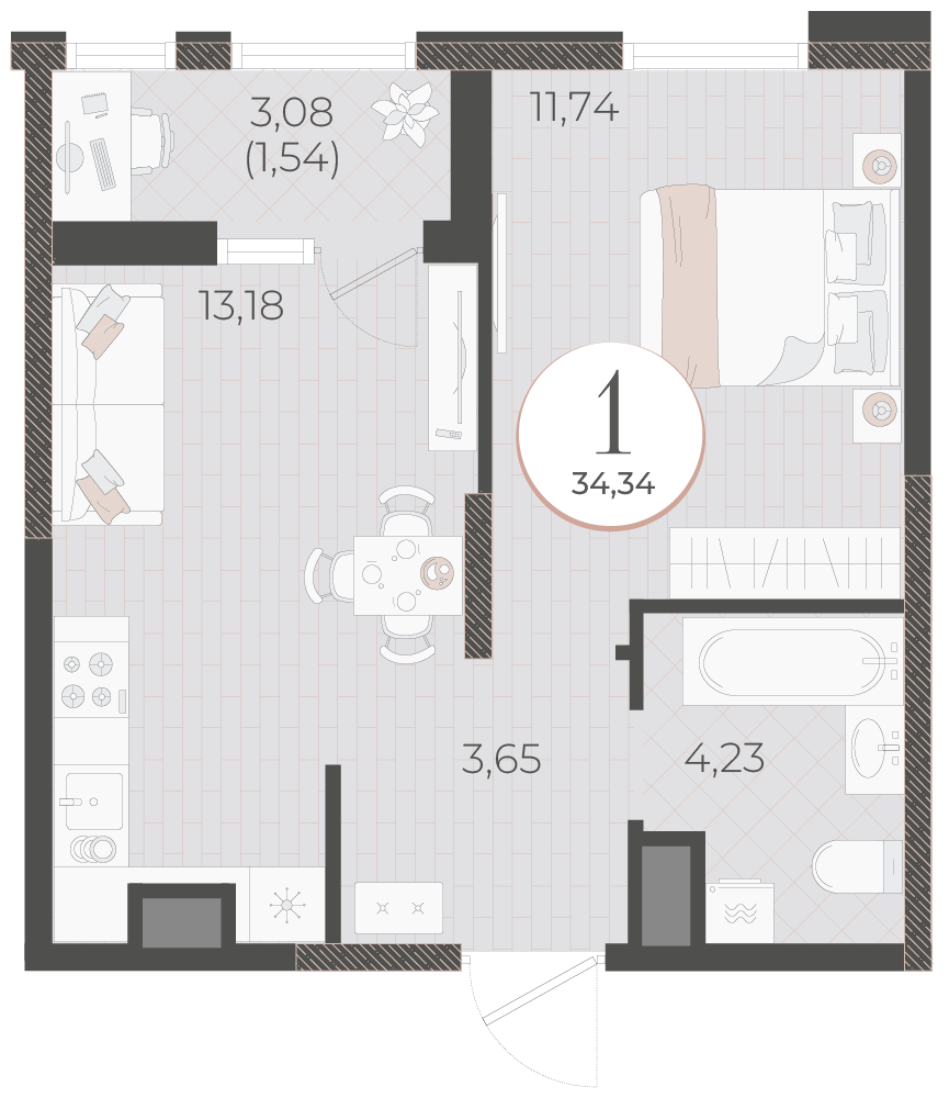 Планировка 1-комнатная 34,34 м²