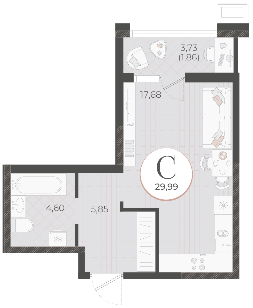 Планировка Студия 29,99 м²