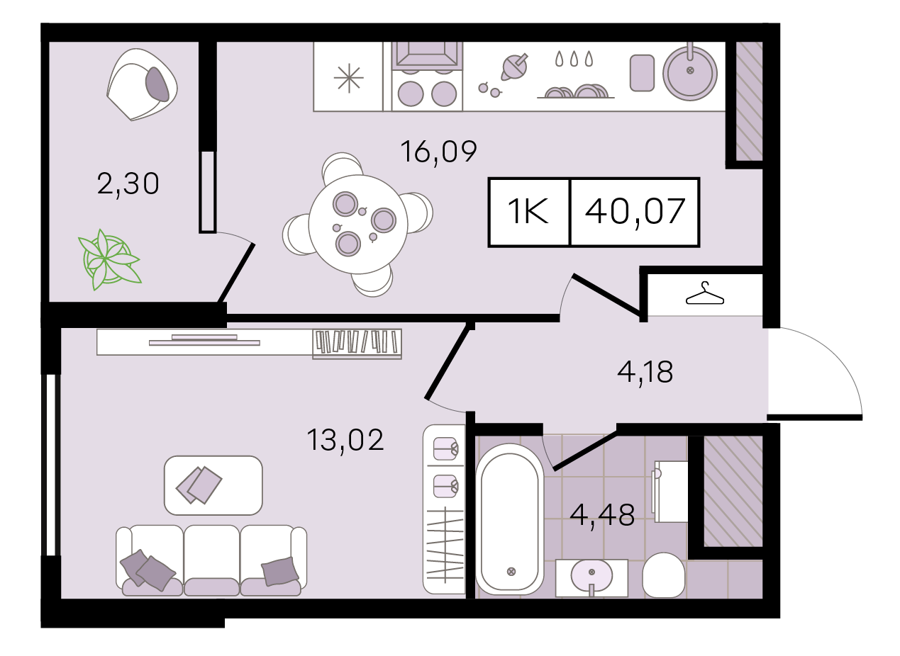 Планировка 1-комнатная 40,07 м²