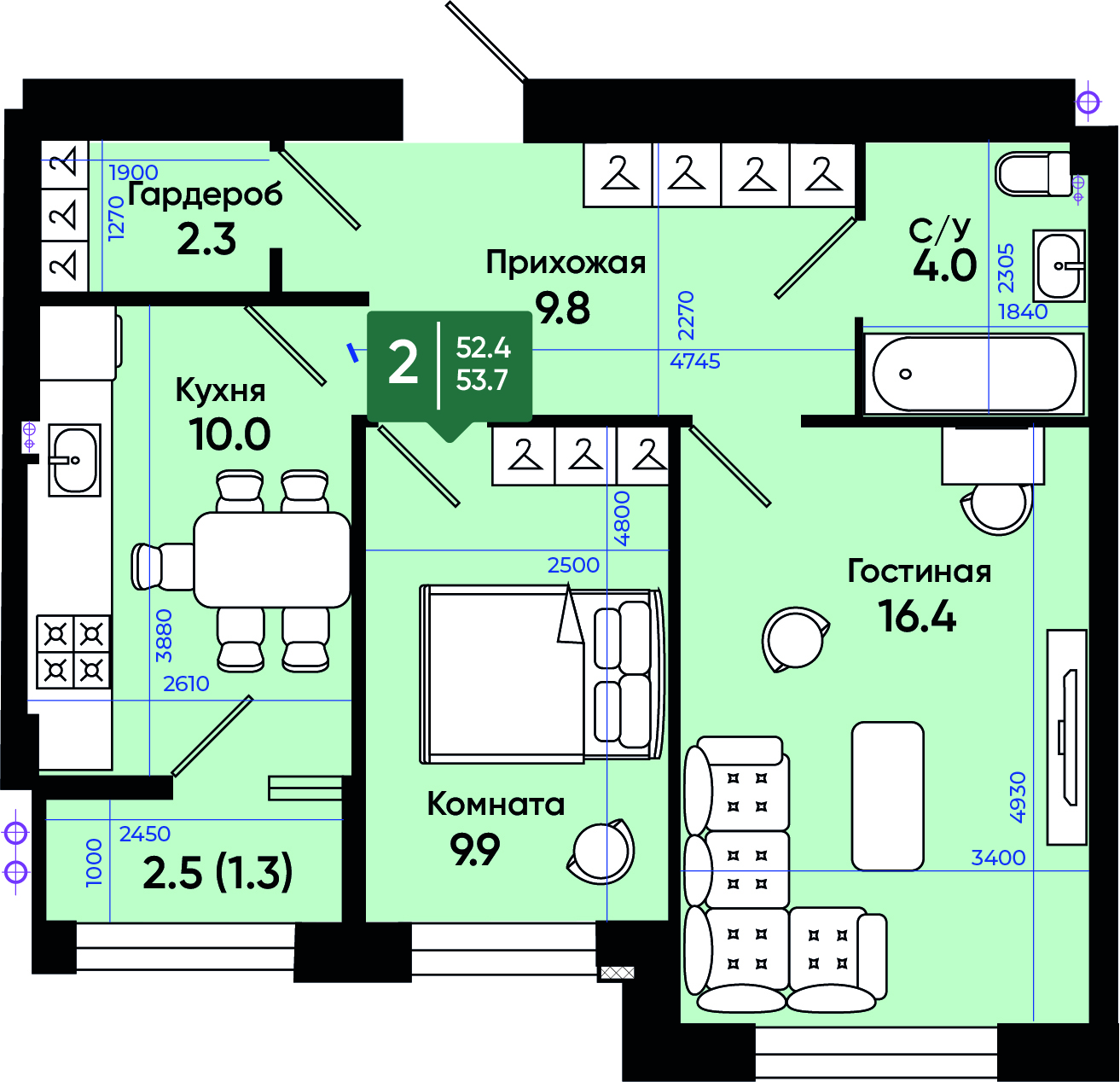 Планировка: 2-комн. квартира 54,9 м²