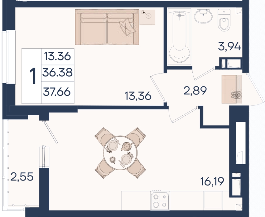 Планировка: 1-комн. квартира 37,7 м²