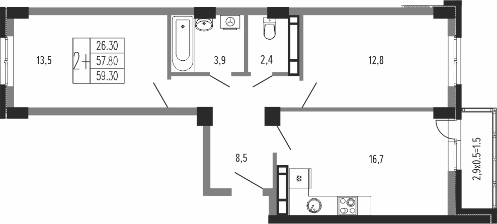 Планировка: 2-комн. квартира 60,9 м²