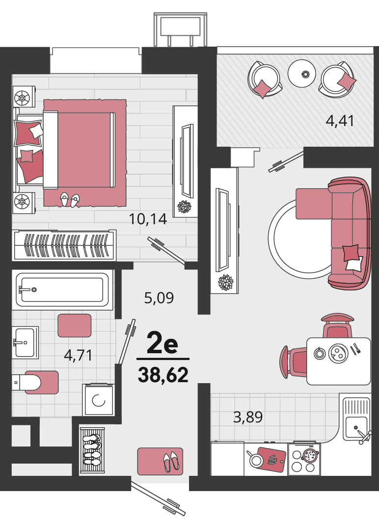 Планировка 2-комнатная 38,62 м²