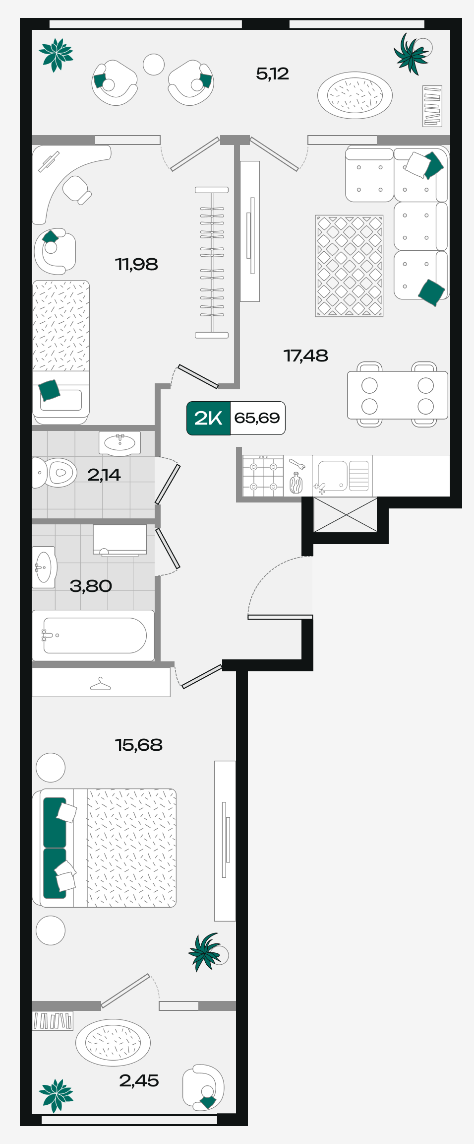 Планировка: 2-комн. квартира 65,7 м²