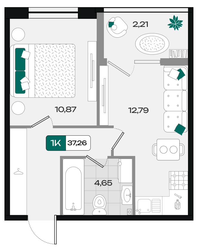 Планировка: 1-комн. квартира 37,3 м²