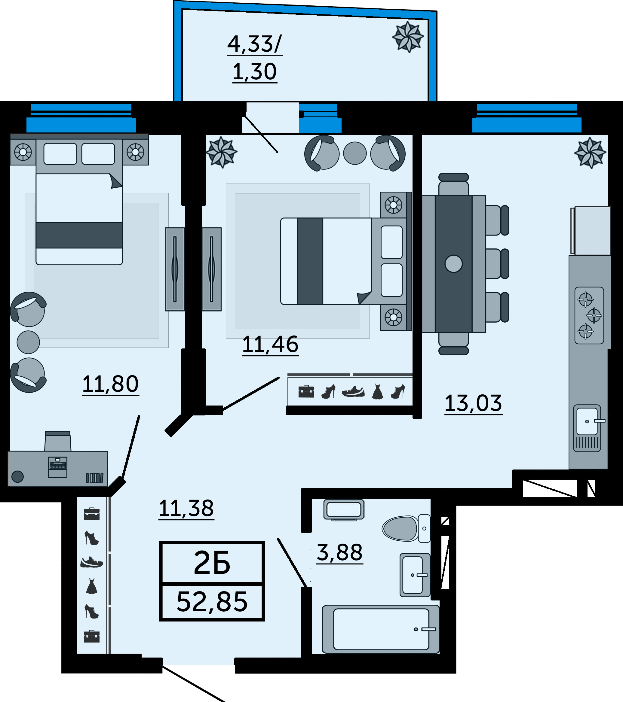 Планировка 2-комнатная 52,9 м²