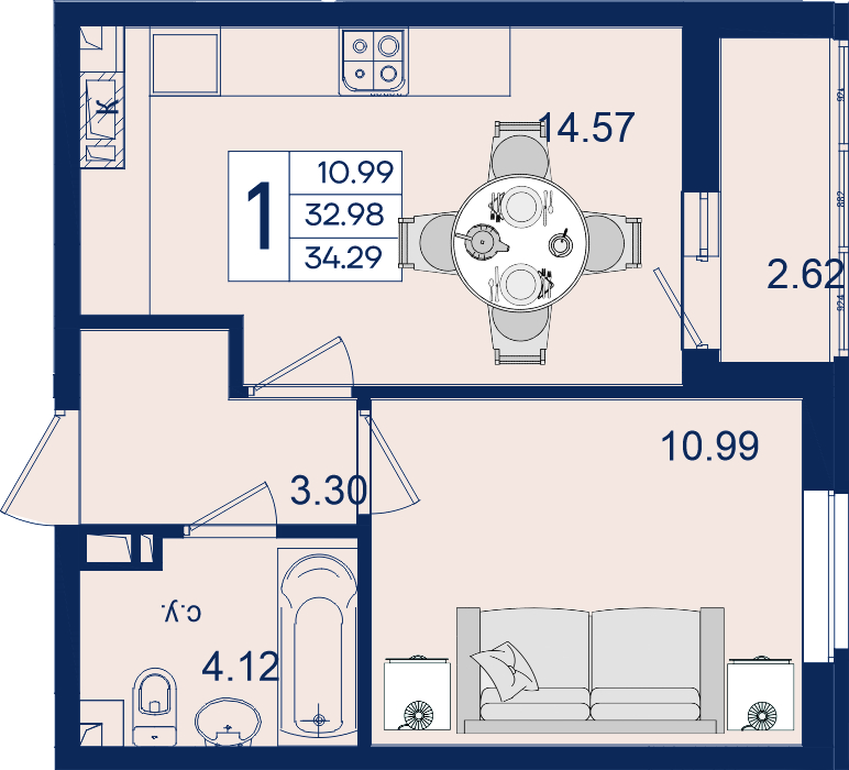 Планировка: 1-комн. квартира 34,3 м²
