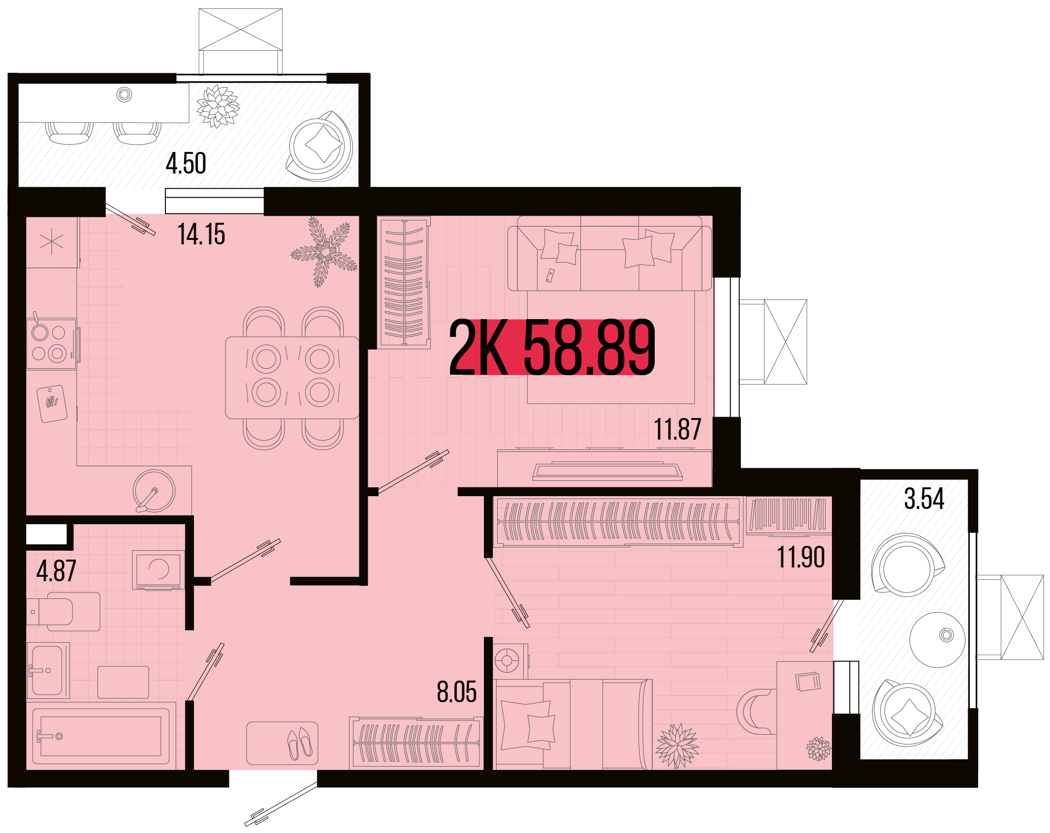 Планировка 2-комнатная 54,86 м²