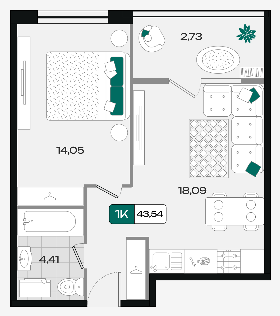 Планировка: 1-комн. квартира 43,5 м²