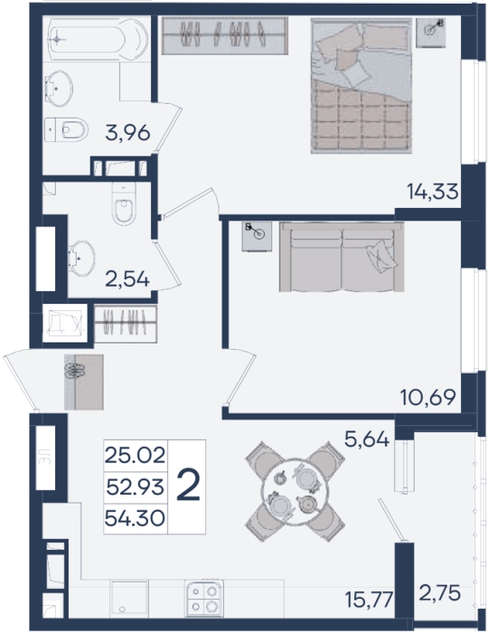 Планировка: 2-комн. квартира 54,3 м²