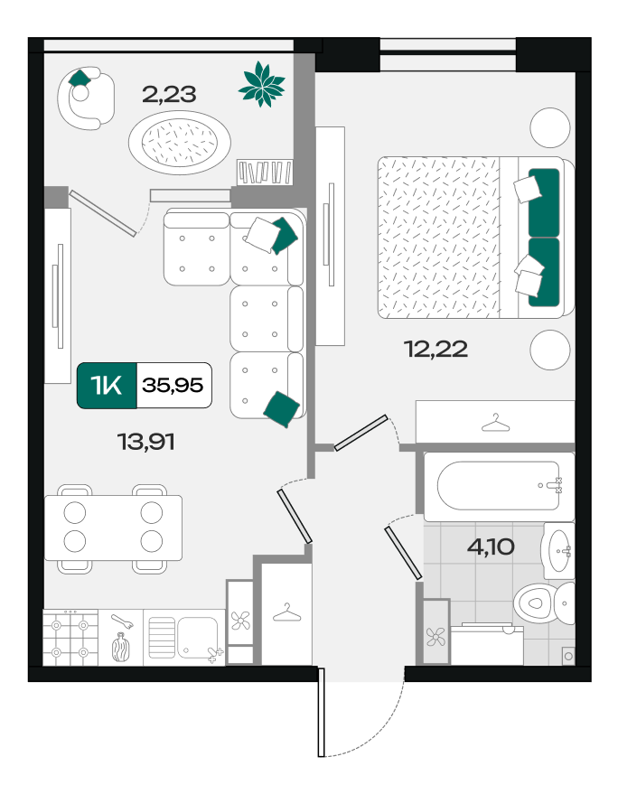 Планировка: 1-комн. квартира 36 м²