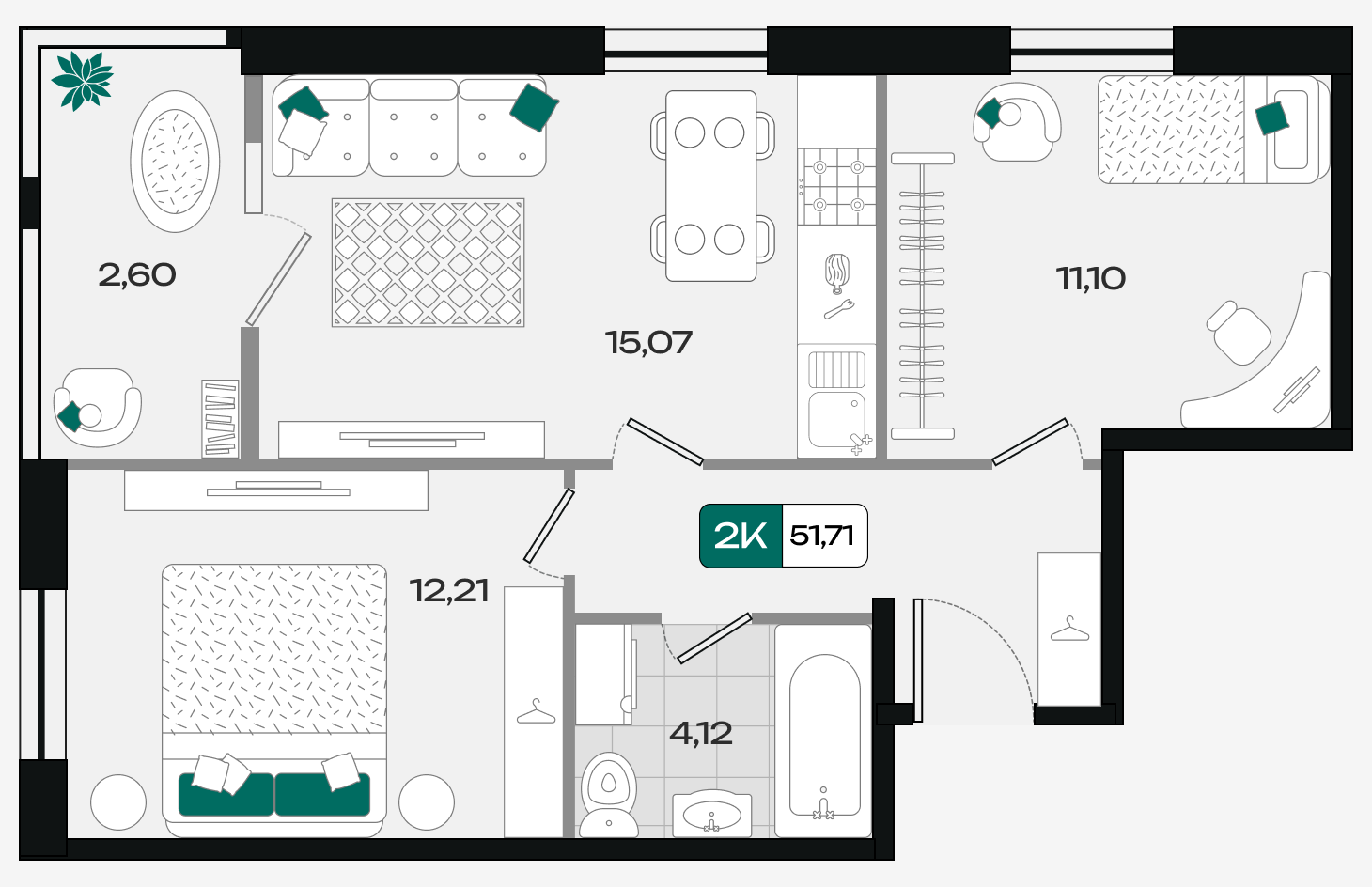Планировка 2-комнатная 51,71 м²