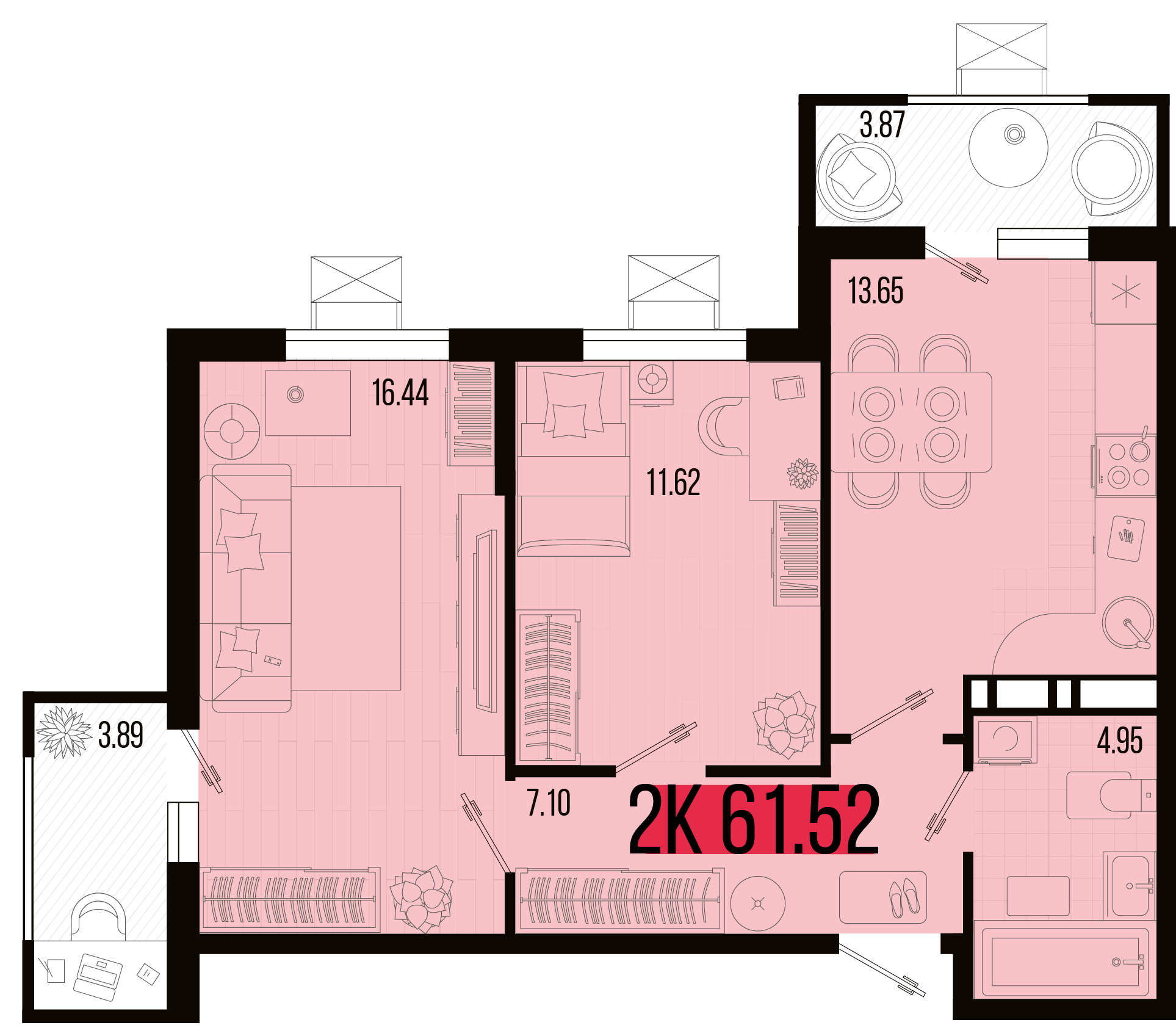 Планировка 2-комнатная 58,05 м²