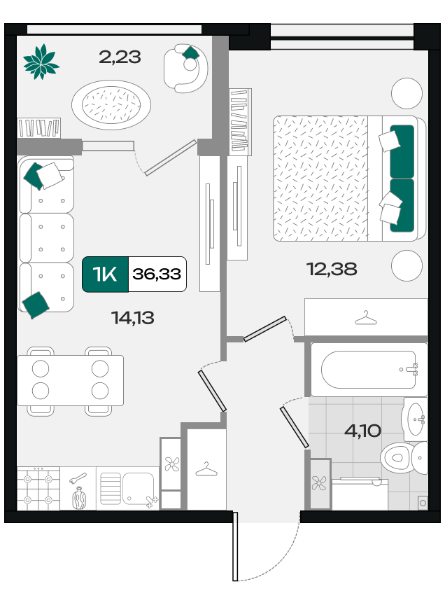 Планировка: 1-комн. квартира 36,3 м²