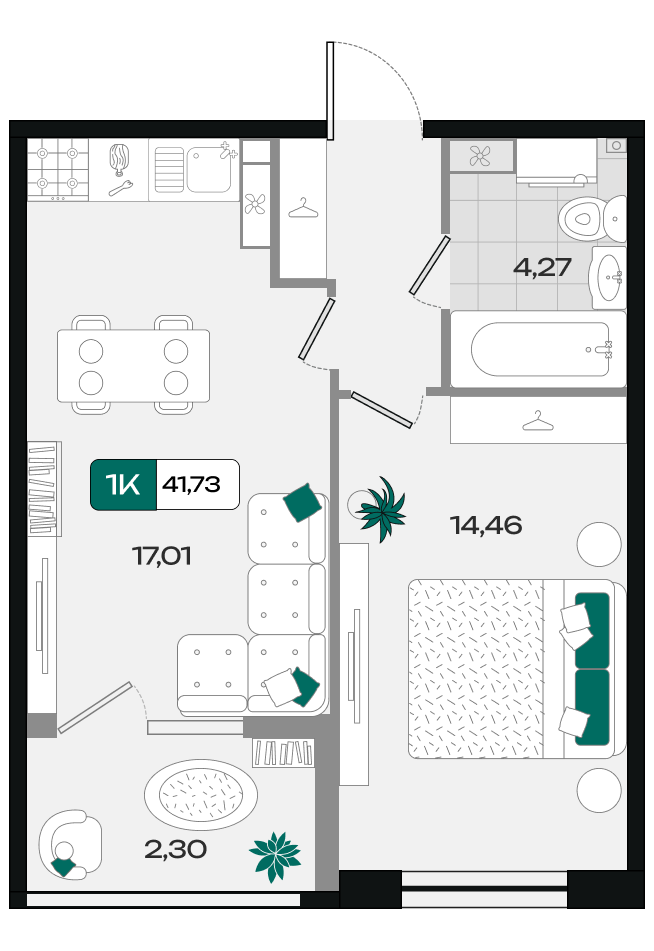 Планировка: 1-комн. квартира 41,7 м²