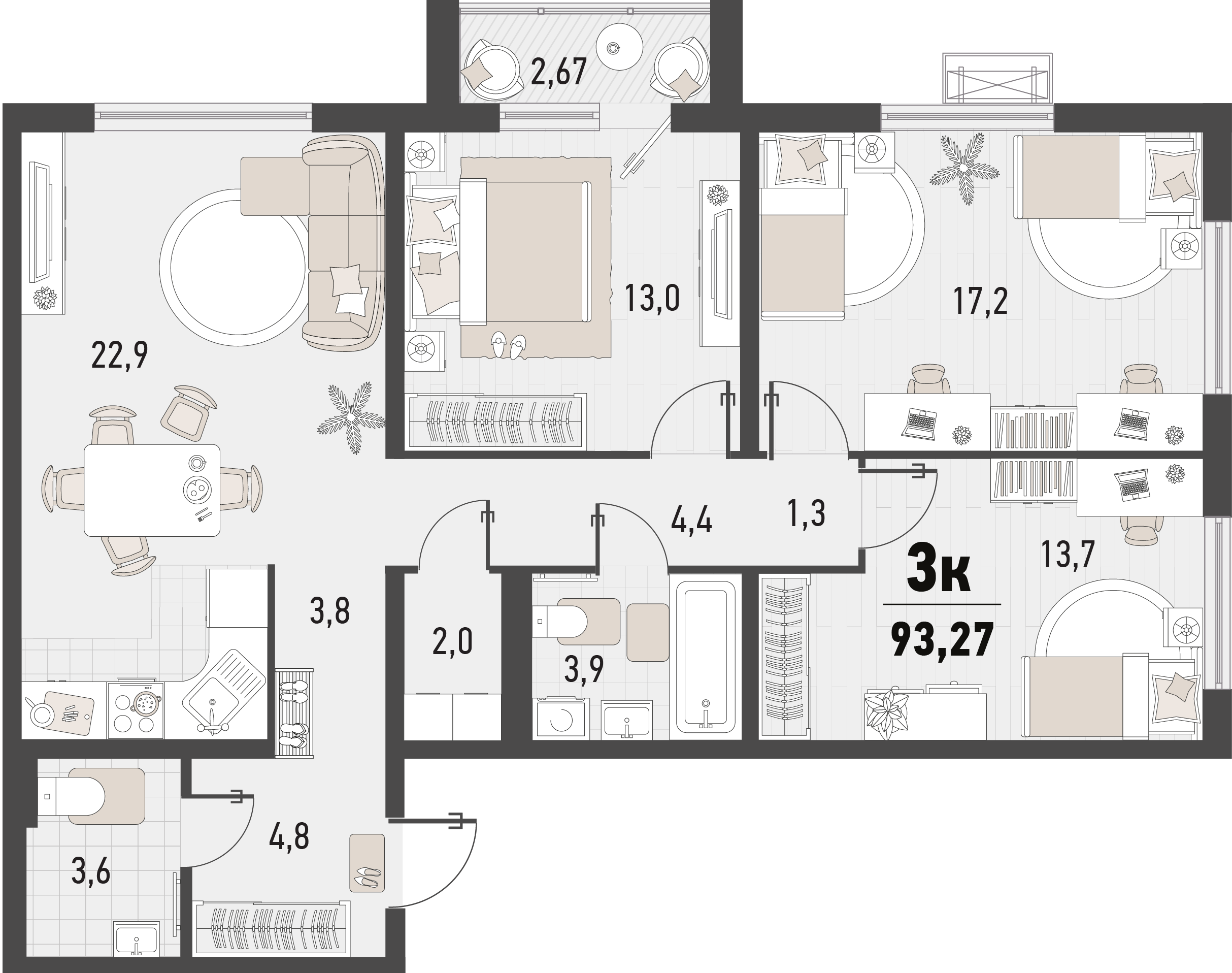 Планировка 3-комнатная 93,27 м²