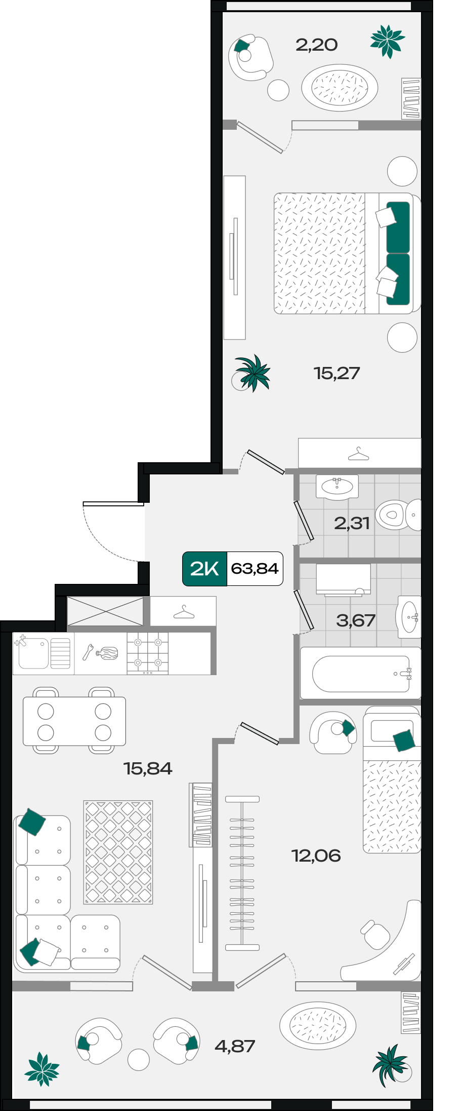 Планировка: 2-комн. квартира 63,8 м²