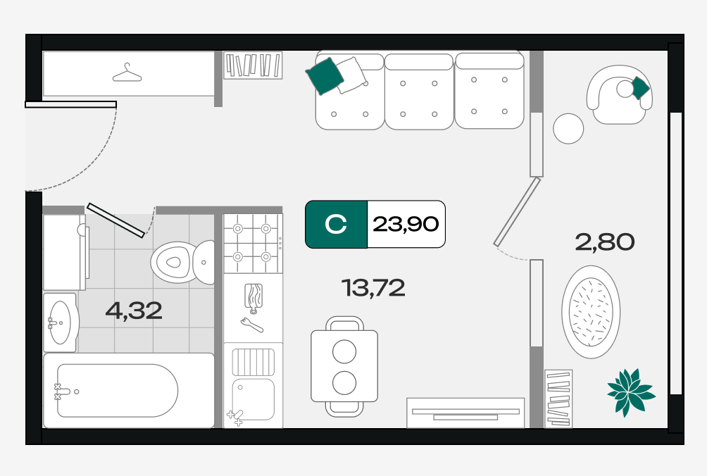 Планировка: Студия 23,9 м²