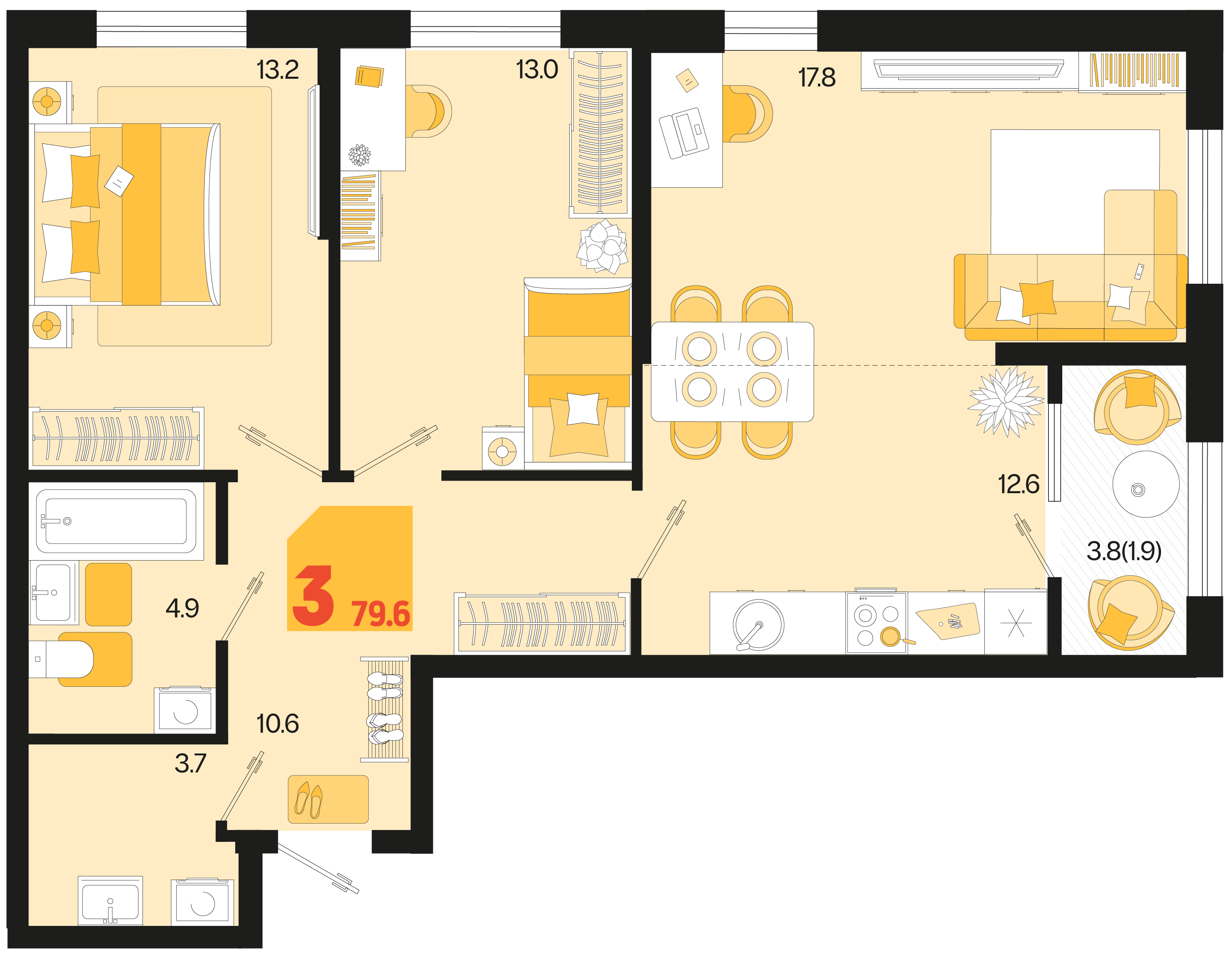 Планировка 3-комнатная 79,6 м²