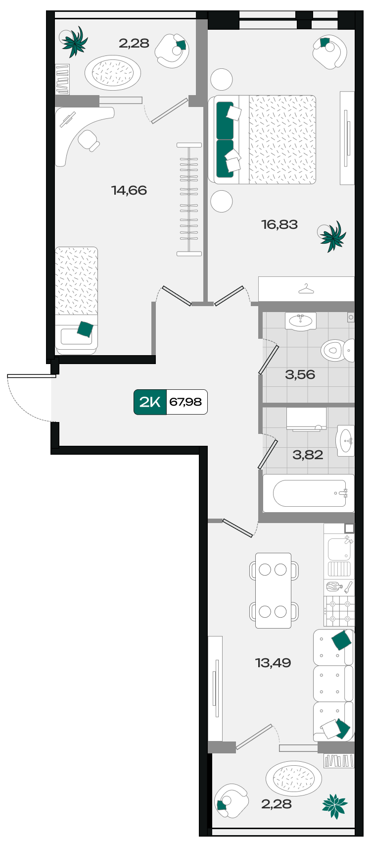 Планировка: 2-комн. квартира 68 м²