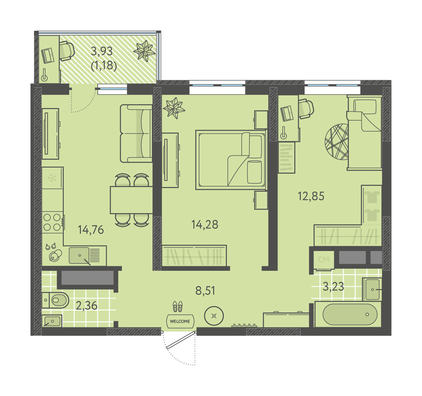 Планировка 2-комнатная 57,17 м²