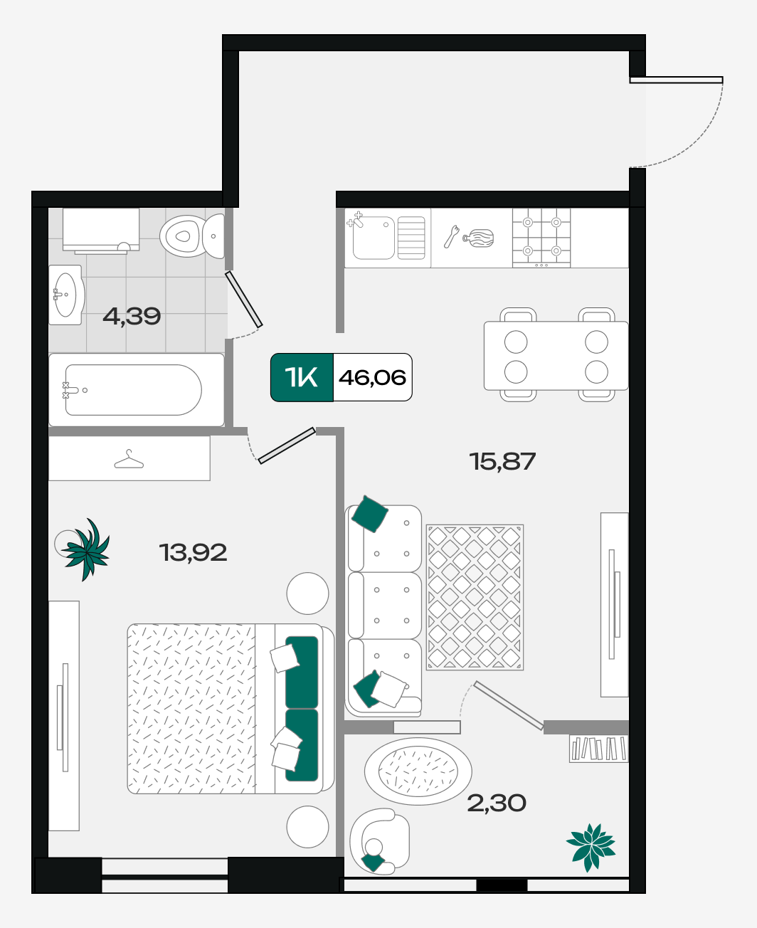 Планировка: 1-комн. квартира 46,1 м²