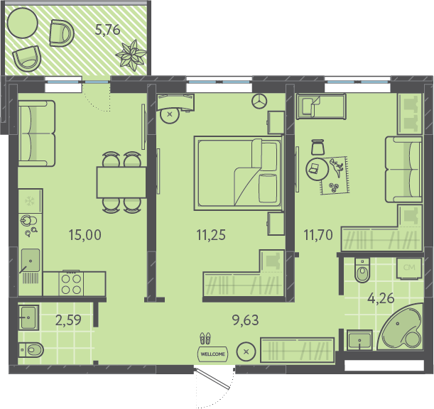 Планировка: 2-комн. квартира 58,8 м²