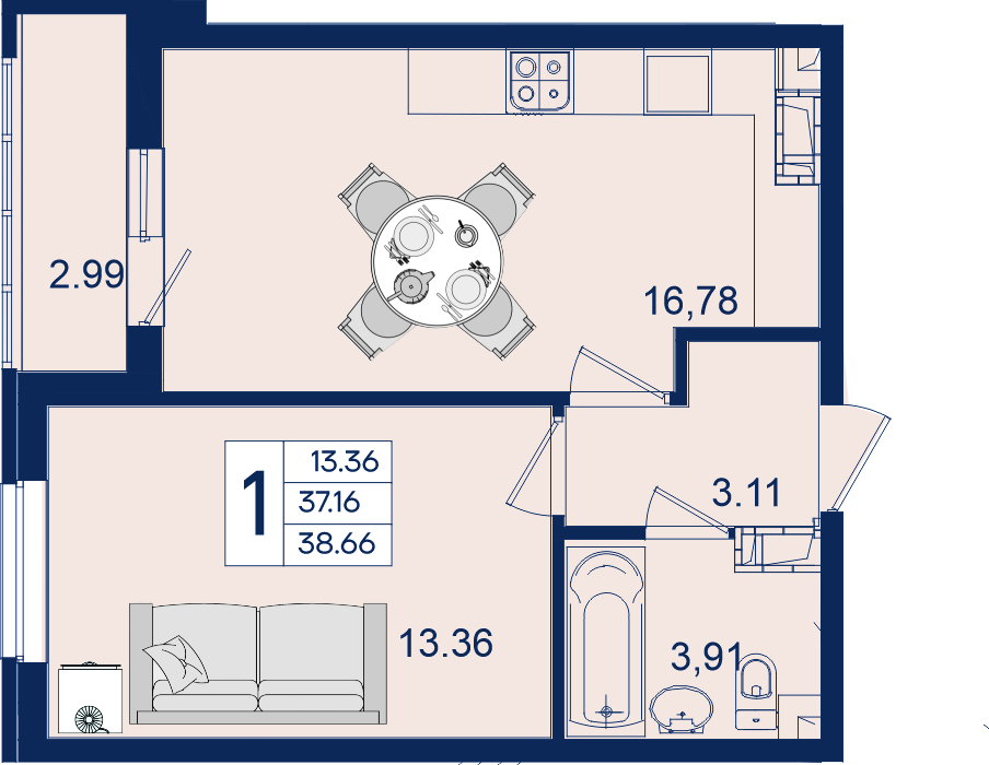 Планировка: 1-комн. квартира 38,7 м²