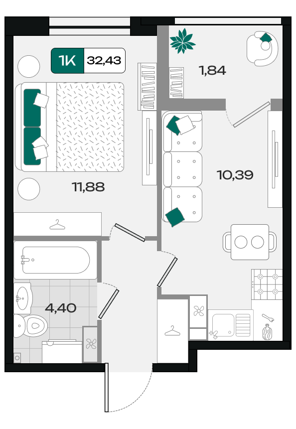 Планировка: 1-комн. квартира 32,4 м²