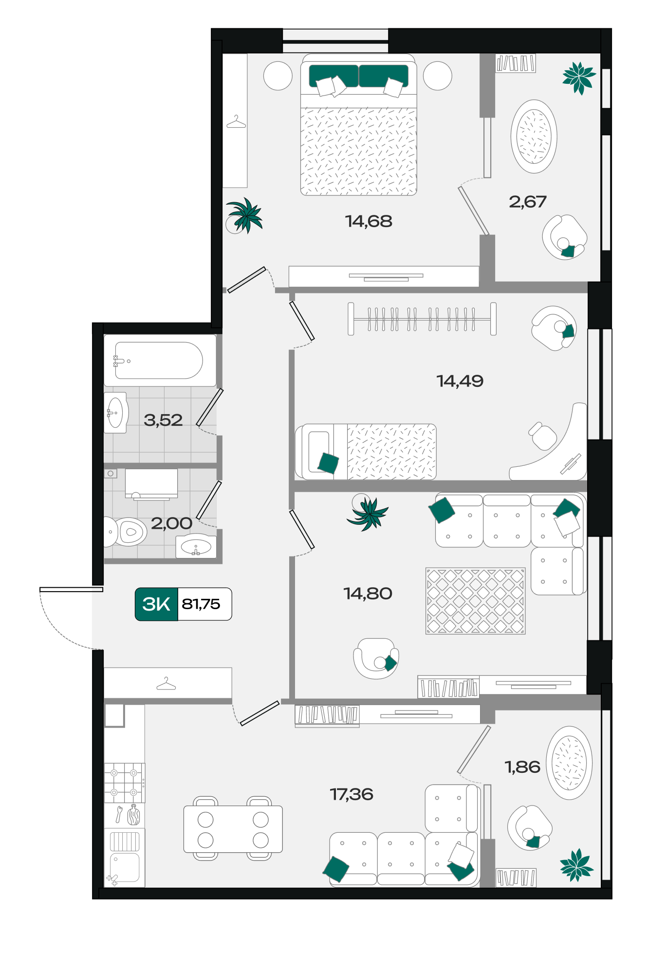 Планировка: 3-комн. квартира 81,8 м²
