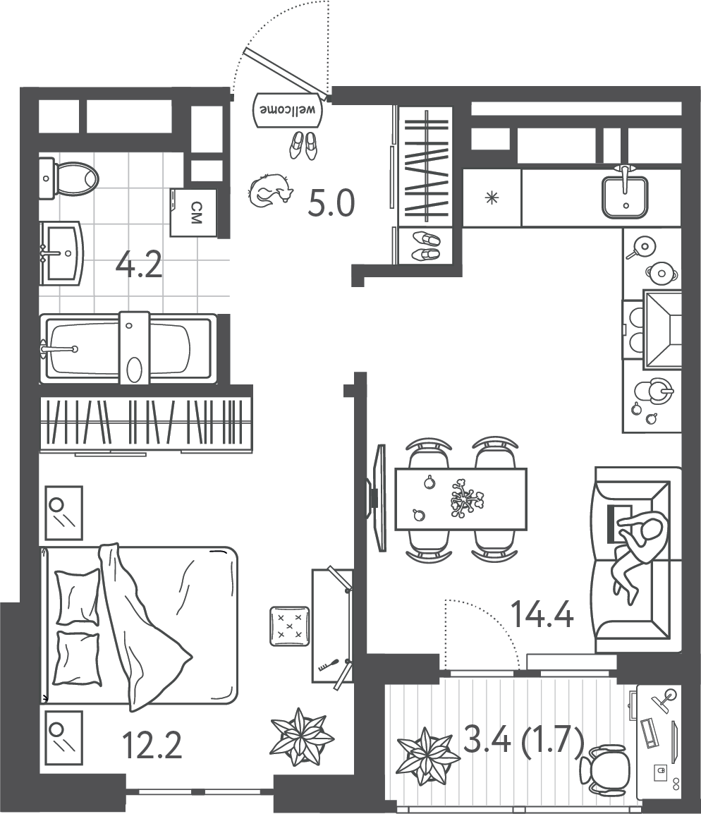 Планировка: 1-комн. квартира 37,5 м²